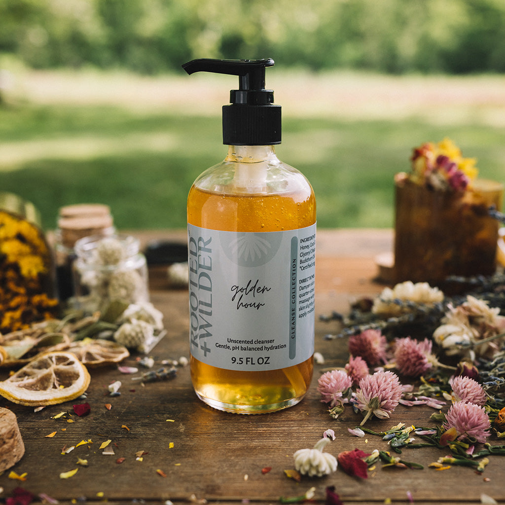 Golden Hour sensitive skin cleanser, 7.5oz in glass bottle