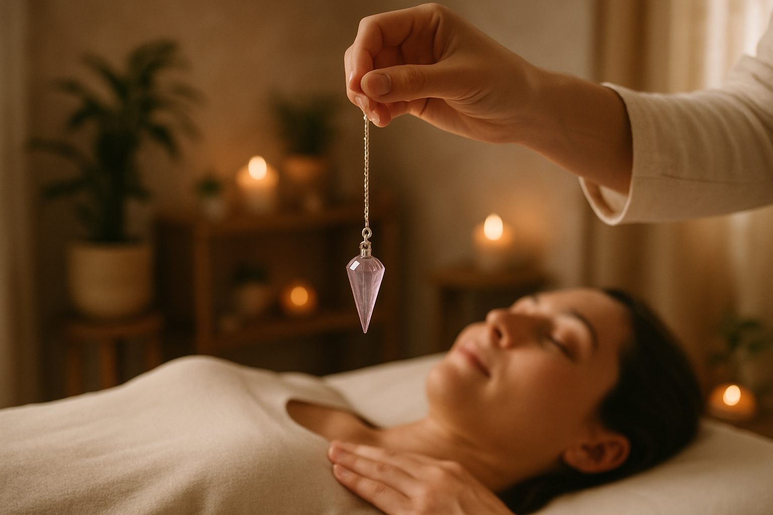 A hand holding a crystal pendulum with chain over a person receiving reiki on a massage table