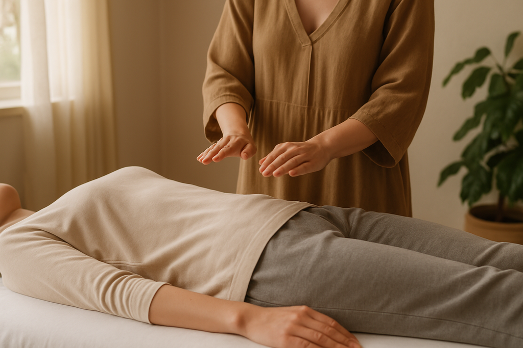 Someone lying on a massage table, fully clothed, receiving reiki session, showing only the lower half of the practitioner and her hands